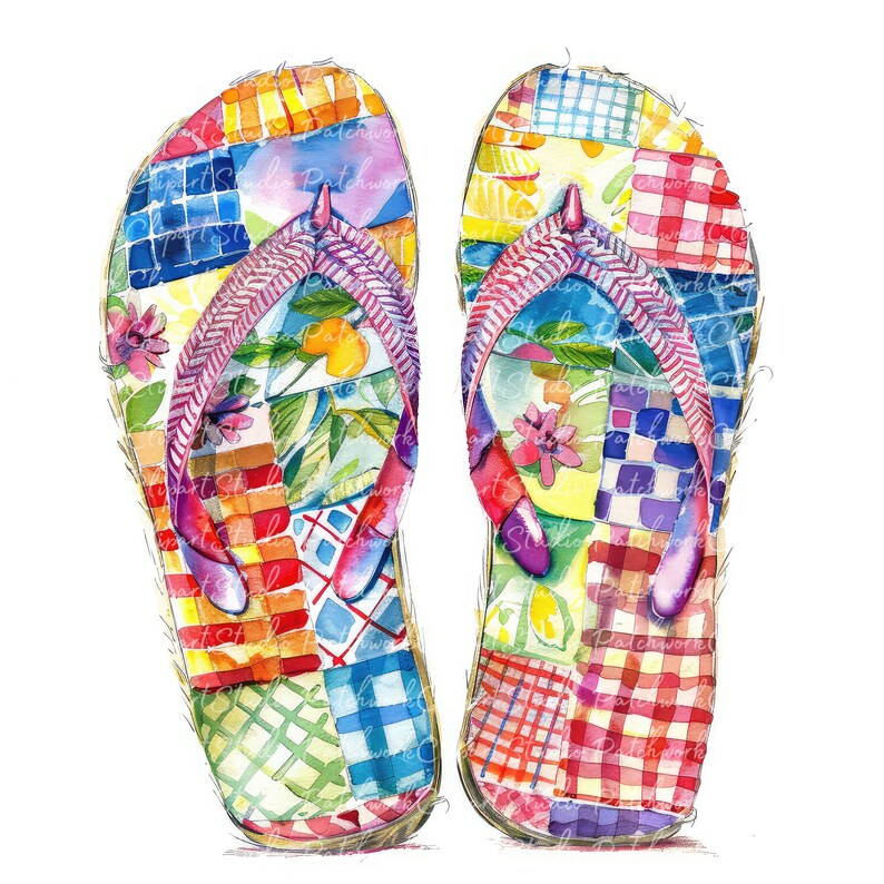 10 Flip-flops Clipart Bundle, Printable Patchwork Slippers, Cute ...