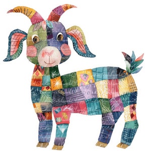 May include: A colorful patchwork goat with a whimsical design. The goat is made of various fabric scraps sewn together in a patchwork style. The goat has a friendly expression and is standing on a white background.