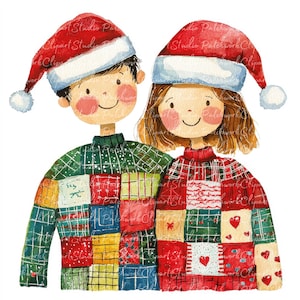 10 kerstpaar clipartbundel, png en jpg, afdrukbare patchwork, XMAS-illustraties, digitale download, scrapbooking, quiltafbeelding
