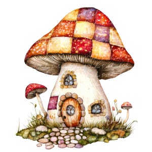 10 svamphus clipart-paket, PNG och JPG, utskrivbara lapptäcke, nyckfulla husillustrationer, digital nedladdning, scrapbooking-magi