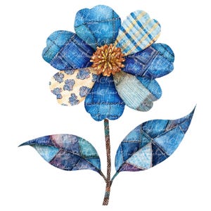 Lot de 10 cliparts fleurs d'hiver, PNG & JPG, illustrations imprimables de fleurs bleues en patchwork, téléchargement numérique, créations de scrapbooking, image de courtepointe