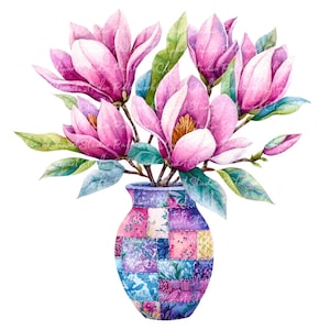 10 magnoliabloemen in vaas clipartbundel, png en jpg, afdrukbare afbeeldingen van patchworkbloemen, digitale download, scrapbook ambachten, bloemenafbeelding