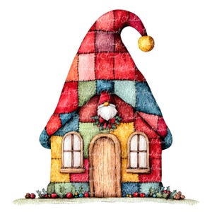 Könnte beinhalten: Eine Aquarellillustration eines Patchwork-Hauses mit einem zwergenartigen Hut. Das Haus hat eine Holztür, gewölbte Fenster und eine Zwergenfigur mit weißem Bart. Das Dach ist rot, blau und gelb, mit einer goldenen Kugel oben.