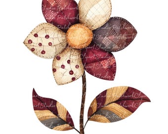 10 Boho Flower Clipart Bundle, PNG & JPG, Printable Patchwork, Illustrations, Digital Download, Scrapbook Crafting, Brown Flower Quilt Image