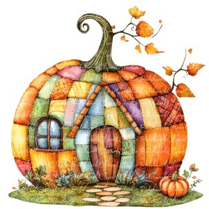 Può includere: Illustrazione ad acquerello di una casa a forma di zucca. La casa è costruita con quadrati patchwork di vari colori. Una piccola zucca è vicina e le foglie autunnali adornano la parte superiore. La casa ha una porta e una finestra di legno.