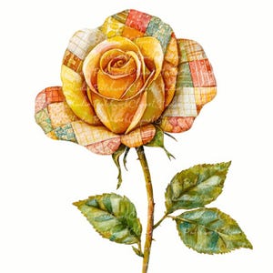 May include: A watercolor illustration of a yellow rose with patchwork quilt-style petals. The rose has a brown stem with green leaves. The petals are a mix of yellow, orange, red, and blue squares.