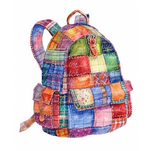 10 Backpacks Clipart Bundle, PNG & JPG, Printable Patchwork Backpack, Illustrations, Digital Download, Scrapbook Crafting, Quilt Image