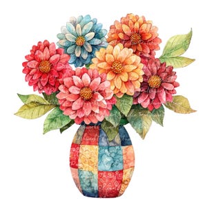 10 dahlia in vaas clipartbundel, png en jpg, afdrukbare afbeeldingen van patchworkbloemen, digitale download, scrapbook crafting, afbeelding dahliabloemen