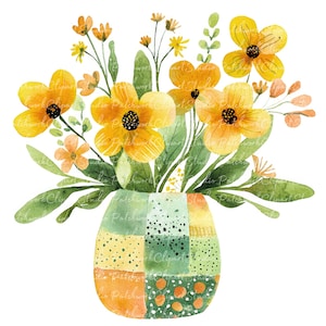 Puede incluir: Un ramo de flores amarillas y naranjas en un jarrón de patchwork verde y amarillo.