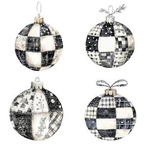 Può includere: Quattro palline di Natale in patchwork bianco e nero con uno stile rustico e vintage.