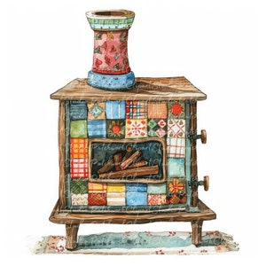 10 houtkachel clipartbundel, png en jpg, afdrukbare patchwork, illustraties, digitale download, scrapbooking, quiltafbeelding