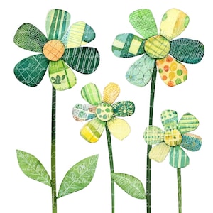 Könnte beinhalten: Vier Aquarell gemalte Blumen mit grünen und gelben Patchwork-Blütenblättern und gelben Zentren. Die Blumen sitzen auf grünen Stielen mit grünen Blättern.
