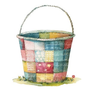 10 Buckets Clipart Bundle, PNG & JPG, Printable Patchwork Bucket, Illustrations, Digital Download, Scrapbook Crafting, Quilt Image