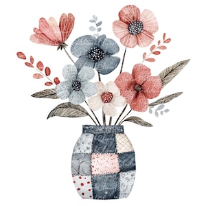 May include: A bouquet of blue, pink and red flowers in a patchwork vase. The vase is made of fabric and has a variety of patterns.