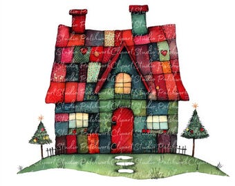 10 Christmas Cottage Clipart Bundle, PNG & JPG, Printable Patchwork, Winter House Illustrations, Digital Download, Scrapbook, Quilt Image