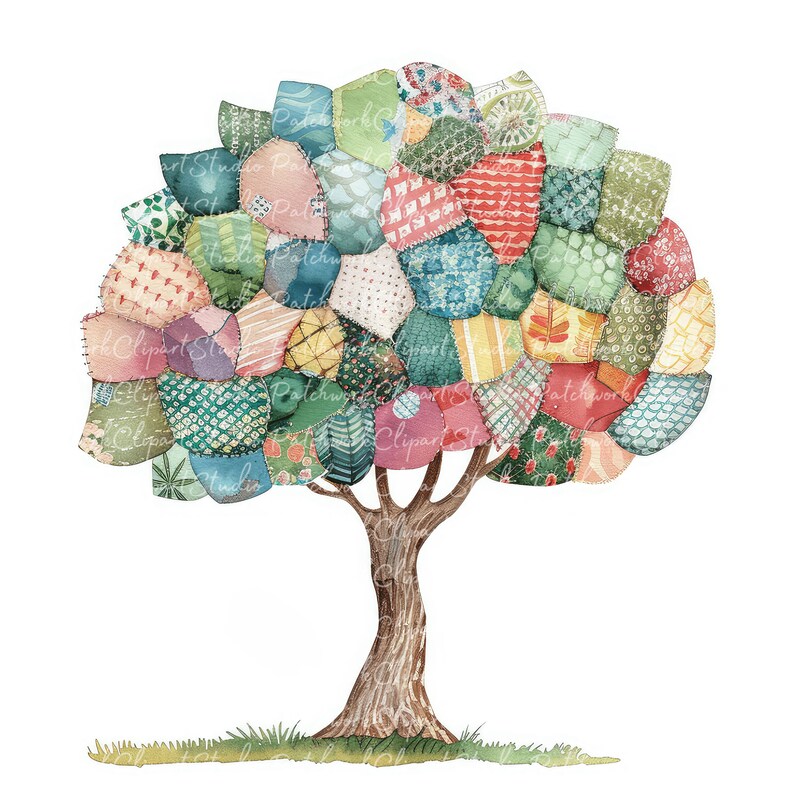 Patchwork Tree Drawing 10 Trees Clipart Bundle, PNG & JPG, Printable Patchwork Tree ...