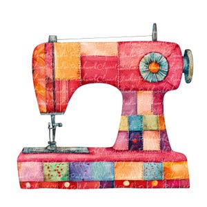 May include: A watercolour illustration of a red sewing machine with a patchwork design. The machine has a spool, needle, and a decorative wheel. The body of the machine is decorated with squares of various colours, including orange, pink, and blue.