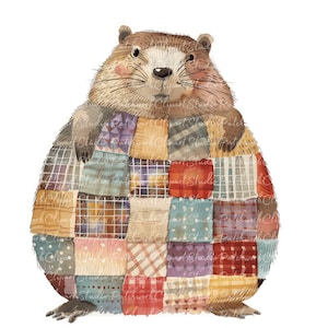 10 Groundhogs Clipart Bundle, PNG & JPG, Printable Patchwork Groundhog, Illustrations, Digital Download, Scrapbook Crafting, Quilt Image