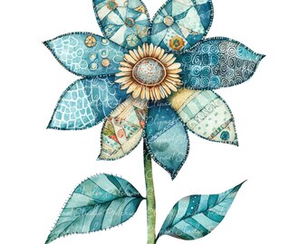 10 Teal Flower Clipart Bundle, PNG & JPG, Printable Patchwork Illustrations, Blue Flower, Digital Download, Scrapbook Crafting, Quilt Image