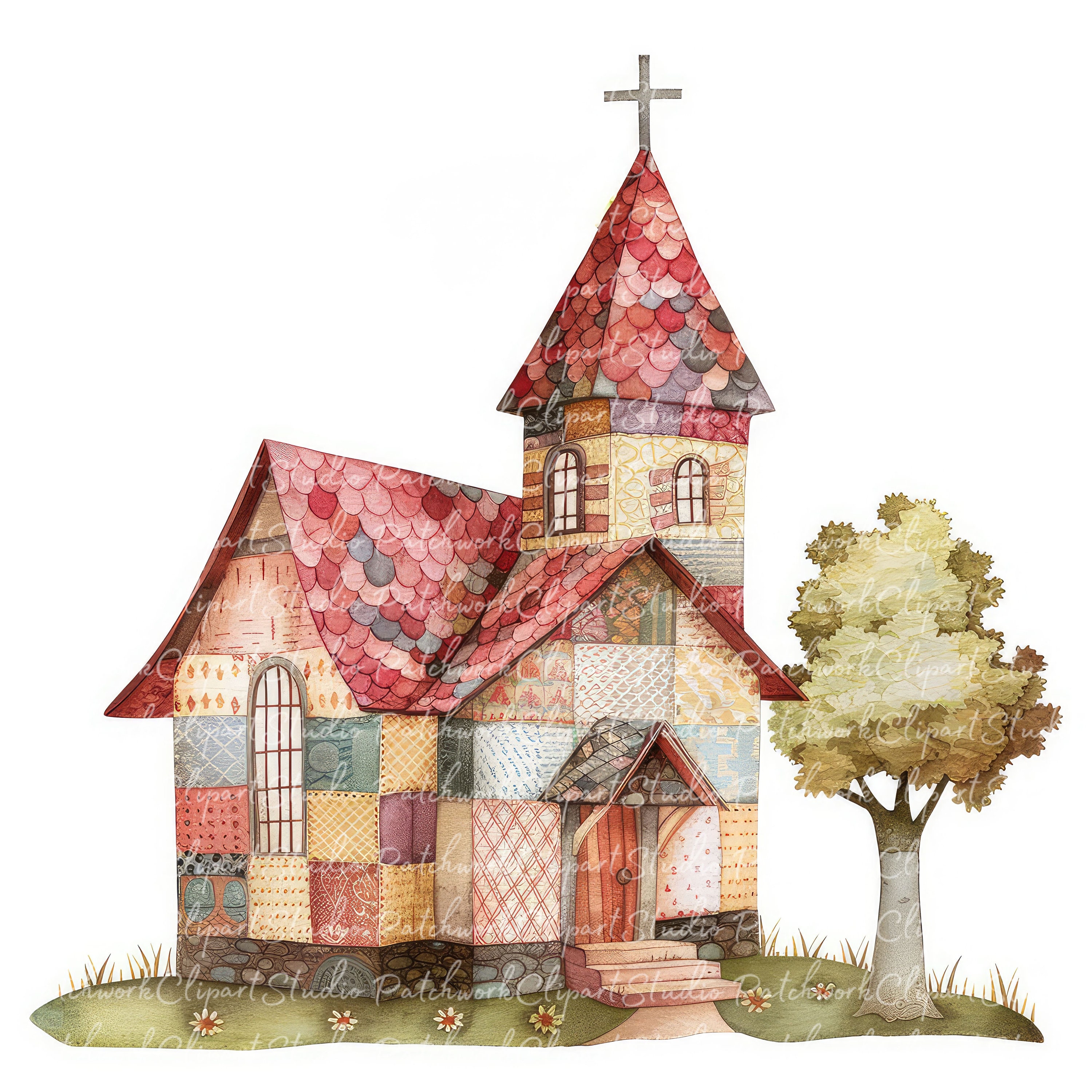10 Church Clipart Bundle, Printable Patchwork Churches, Cute Quilted ...
