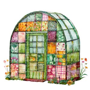 Pacote com 10 cliparts de estufa, PNG e JPG, ilustrações de estufa de patchwork para impressão, download digital, artesanato para scrapbook, imagem de colcha
