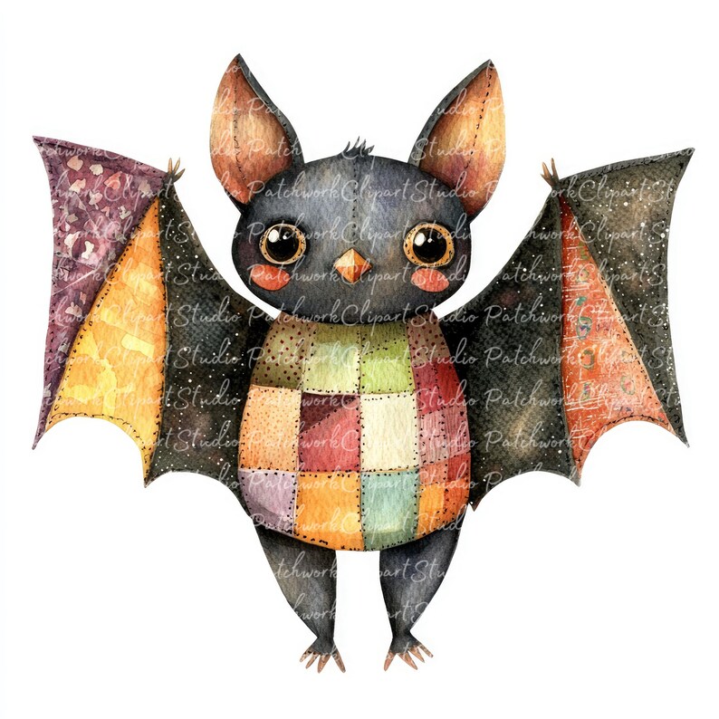 10 Bat Clipart Bundle, PNG & JPG, Printable Patchwork, Spooky Halloween ...