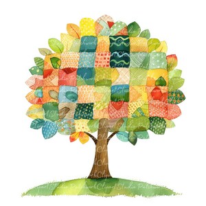 Paquete de 10 imágenes prediseñadas de árboles, PNG y JPG, árbol de patchwork imprimible, ilustraciones, descarga digital, manualidades con álbumes de recortes, árbol de imágenes de colchas