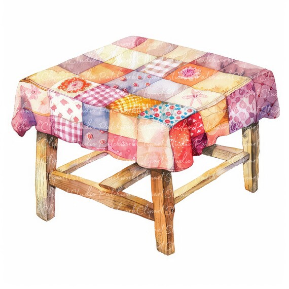 10 Tisch mit Tischdecke Clipart, druckbare Patchwork, Illustrationen, digitaler Download, Scrapbook Basteln, Quilt Bild