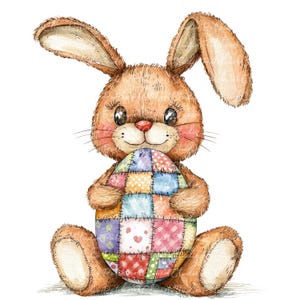 10 Easter Rabbit Clipart Bundle, PNG & JPG, Printable Patchwork Easter Bunny, Illustrations, Digital Download, Scrapbook Crafts, Quilt Image