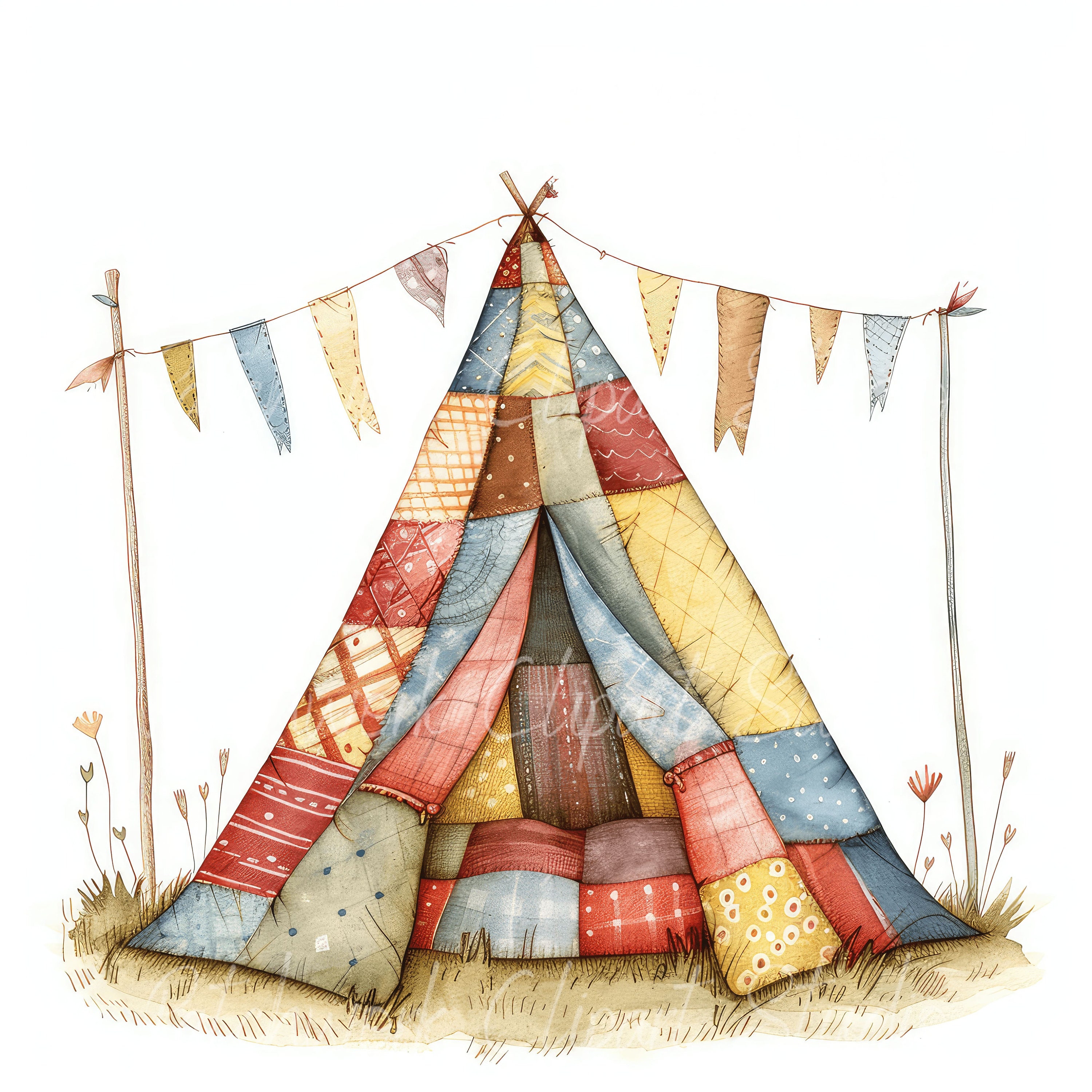 Tent Clipart Bundle, Printable Tents, Cute Quilted Fabric Illustrations ...