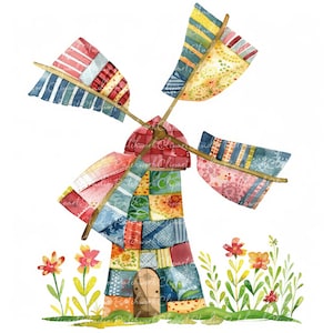 Paquete de 10 imágenes prediseñadas de molinos de viento, PNG y JPG, molino de viento de patchwork imprimible, ilustraciones, descarga digital, manualidades con álbumes de recortes, imagen de colcha