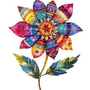 12 Mexican Folk Art Flowers Clipart Bundle, PNG & JPG, Printable Patchwork Illustrations, Digital Download, Mexican Flowers, Mexico Flowers