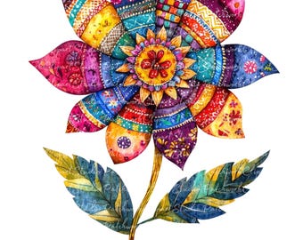 12 Mexican Folk Art Flowers Clipart Bundle, PNG & JPG, Printable Patchwork Illustrations, Digital Download, Mexican Flowers, Mexico Flowers