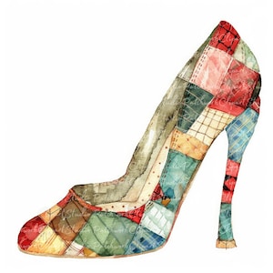 Könnte beinhalten: Ein hochhackiger Schuh aus Patchwork-Stoff in Rot-, Grün-, Blau-, Gelb- und Brauntönen. Der Schuh hat eine spitze Zehenpartie und einen dünnen Absatz.