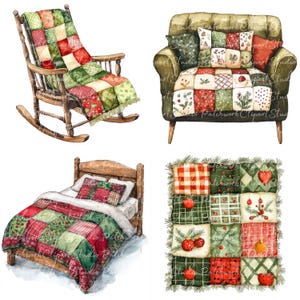 14 gröna och röda vinterfiltar Clipart-paket, PNG och JPG, utskrivbara lapptäcken, illustrationer, digital nedladdning, scrapbooking, quiltbild