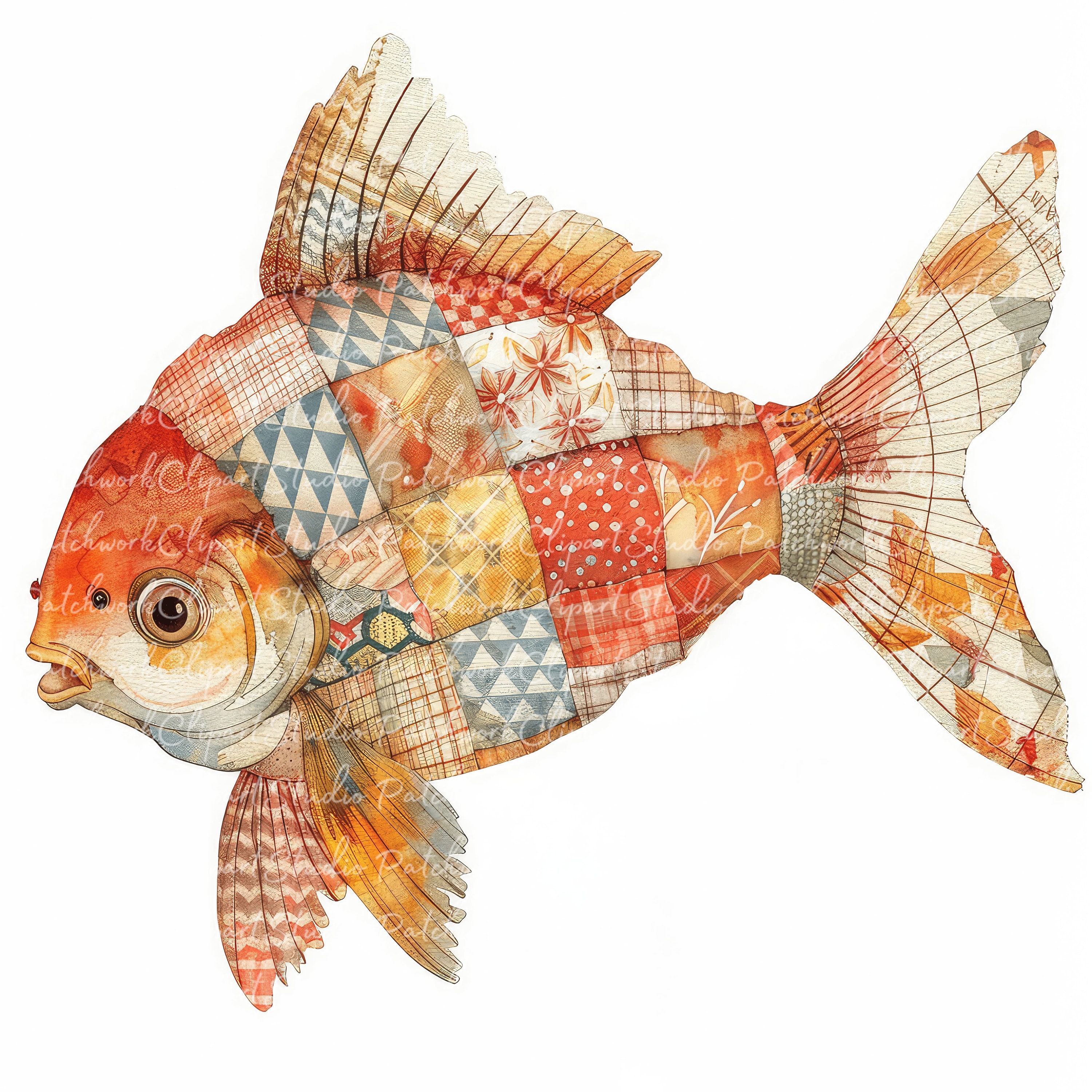 Patchwork Fish Design 10 Goldfish Clipart Bundle, PNG & JPG, Printable Patchwork Fish ...