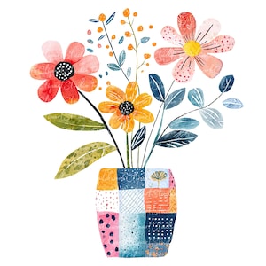 10 schattige bloemen in vaas clipartbundel, png en jpg, afdrukbare patchwork, illustraties, digitale download, scrapbooking, quiltafbeelding
