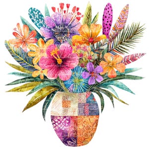 10 tropische bloemen boeket clipartbundel, png en jpg, afdrukbare patchwork bloemen illustraties, digitale download, bloemen in vaas afbeelding