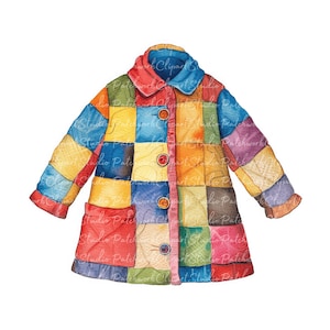 10 Coats Clipart Bundle, PNG & JPG, Printable Patchwork kids' Coat, Illustrations, Digital Download, Scrapbook Crafting, Quilt Hobby