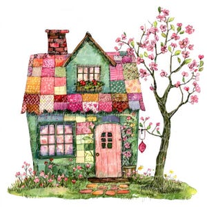 10 Spring House Clipart Bundle, PNG i JPG, Wydrukowalny Patchwork, Ilustracja Pink Cottage, Pobieranie cyfrowe, Tworzenie albumów, Obraz kołdry