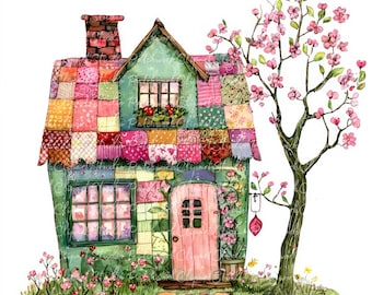 10 Spring House Clipart Bundle, PNG & JPG, Printable Patchwork, Pink Cottage Illustration, Digital Download, Scrapbook Crafting, Quilt Image