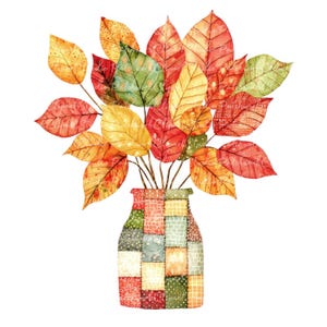 May include: Watercolor illustration of a bouquet of autumn leaves in a patchwork vase. The leaves are in shades of red, orange, yellow, and green. The vase is a square shape with a patchwork design in various colors and patterns.