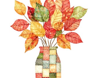 10 Autumn Leaves in Vase Clipart Bundle, PNG & JPG, Printable Patchwork, Illustrations, Digital Download, Scrapbook Crafting, Quilt Image