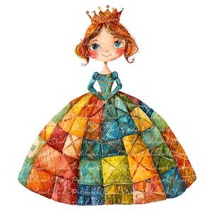 May include: Watercolor illustration of a princess with red hair, blue eyes, and a gold crown. She wears a blue bodice and a patchwork dress in shades of orange, yellow, green, and blue. The image has a whimsical, storybook style.