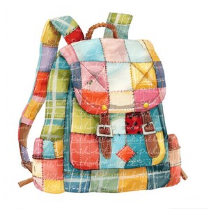 10 Backpacks Clipart Bundle, PNG & JPG, Printable Patchwork Backpack ...