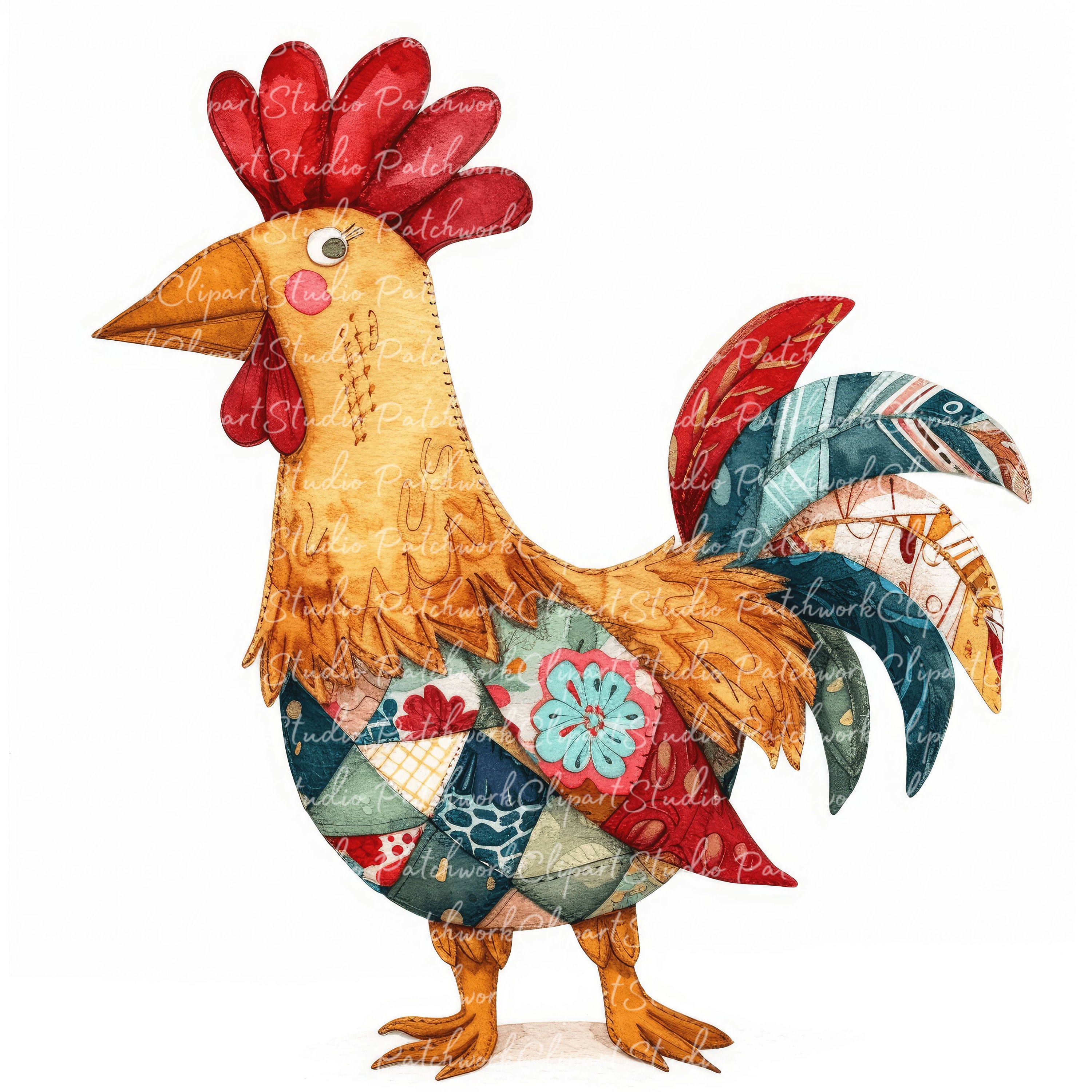10 Roosters Clipart Bundle, Printable Patchwork Rooster, Quilted Fabric ...