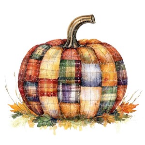 May include: A patchwork pumpkin with a variety of autumn colours, including red, orange, yellow, green, and blue. The pumpkin is sitting on a bed of autumn leaves.