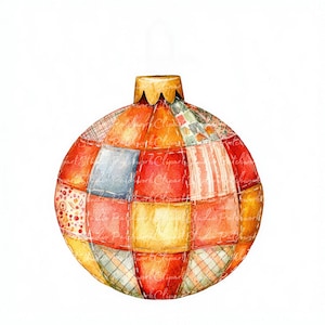 Può includere: Un ornamento natalizio in patchwork rosso, giallo e blu con un top dorato.