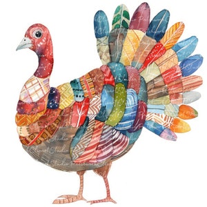 May include: A colorful patchwork turkey with a red head and a large, fan-shaped tail. The turkey is made up of many different patterns and colors, including red, blue, green, yellow, and brown.