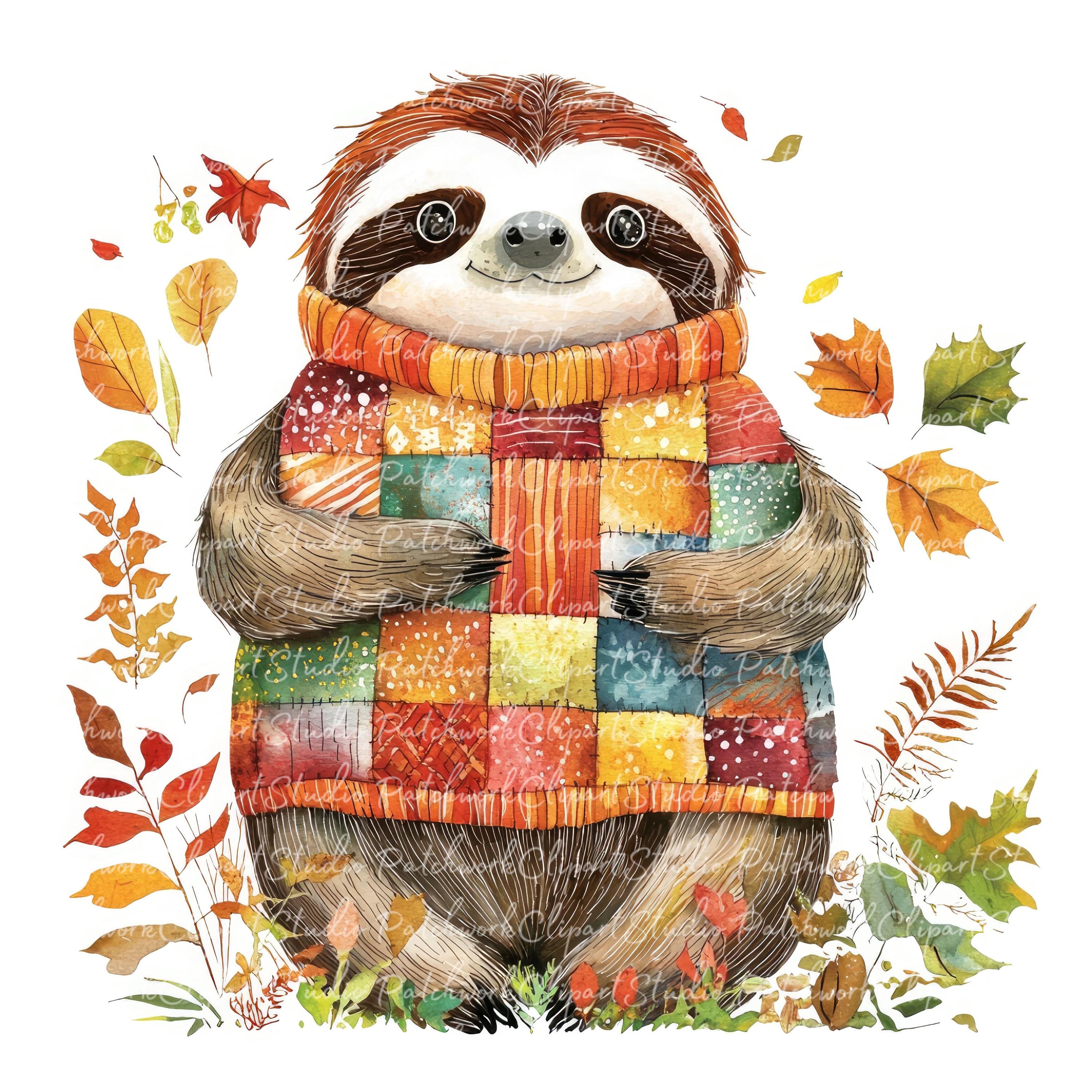 10 Autumn Sloth Clipart Bundle, PNG & JPG, Printable Patchwork, Sloth ...